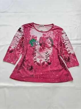 DQ DeQur Pink Butterfly Botanical Embellished 3/4 Sleeve Top Fits M/L